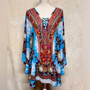 Ali Miles Tunic Womens colorful sheer top v-neck beaded kimono sleeves Sz 2X